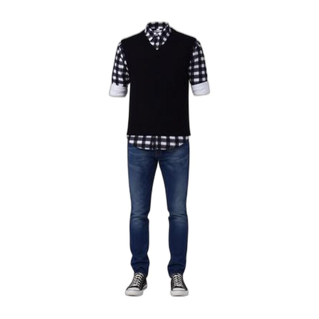 Pull sans Manches Marine & Chemise à Carreaux