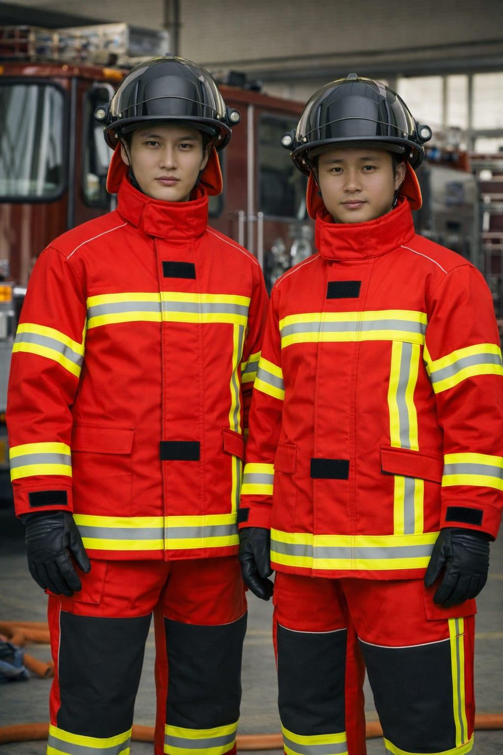 Two red firefighter turnout jackets with yellow and grey reflective bands